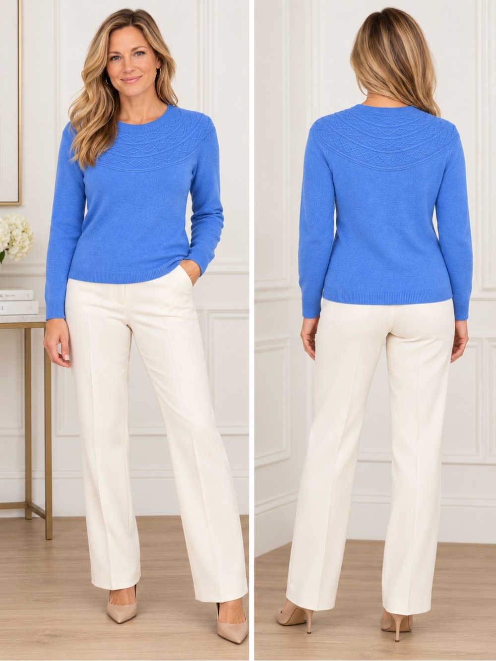 Talbots Sweater Cotton Cashmere Blend Braided Cable Yoke Quiet Luxury Blue MP